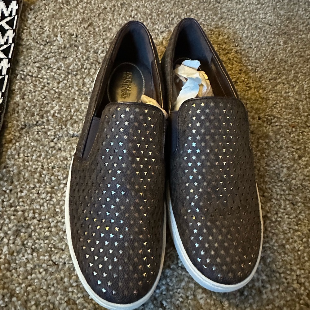 Beautiful brown suede Lake with gold accent, Michael Kors slides